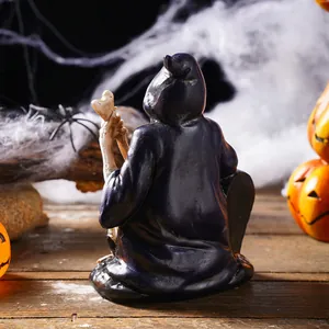 Miniature Halloween wizard resin figurine with skeleton staff for spooky home decor