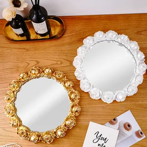 Vintage European style round resin trays with rose embossed frames in gold and white
