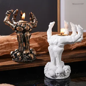 Halloween Skelet Hand Kandelaar Hars Gotisch Schedel Basis Spookhand Kaarshouder Tafel Decoratie Wit Goud Feest Ornament