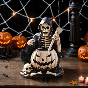 Halloween skeleton wizard resin figurine stirring a pumpkin cauldron for home decor