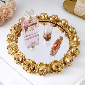 Vintage gold rose relief mirror tray for elegant home desktop decoration jewelry organizer