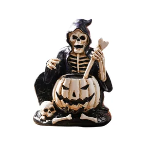 Miniature Halloween grim reaper skull resin figurine with pumpkin cauldron decor