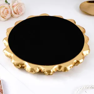 Vintage gold resin round tray with rose relief and black velvet center for home decor