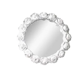 Elegant round white resin decorative tray featuring intricate rose flower relief border