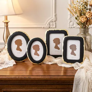 Cornice per Foto Vintage in Resina di Lusso Francese Nero Oro Dipinto a Mano Dorato Decorazione da Tavolo con Vetro Ovale Rettangolare