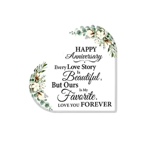 Heart-shaped acrylic anniversary decorative plaque with floral decor and romantic quote