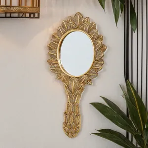 French Vintage Gold Oval Resin Hanging Mirror With Leaf Carved Design Decorative Handheld Handle Vanity Mirror For Home Decor