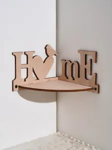 Decorative wooden wall corner shelf featuring HOME lettering and bird silhouette design