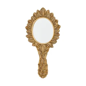 Vintage French golden leaf resin handheld oval mirror for vanity room decoration