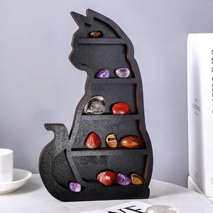 Kreatives Schwarzes Katzen-Lotus-Holz-Wandregal Minimalistisches Heimdekor-Aufbewahrungsregal Schweberegal Für Kristallsteine-Display Wandkunst