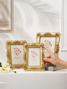 Ornate golden photo frames in 4x6, 5x7, and 6x8 sizes for elegant home decor display