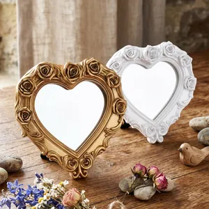 Vintage Harz Herzförmiger Make-up Spiegel Geprägte Rose Desktop Kosmetikspiegel Tisch Dekorative Ornament Spiegel Für Wohnkultur Zimmer Ästhetik Geschenk