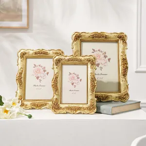 Luxury Gold Photo Frame With Rose Flower Carving ABS Plastic Glass Rhinestone Picture Frame Desktop Wedding Photo Display