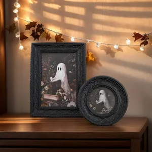 Halloween Deko Fotorahmen aus Kunstharz mit süßem Gespenst das ein Buch liest, Vintage Stil