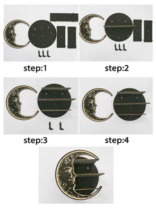 Visual step-by-step assembly instructions for the 3-tier wooden moon decorative wall shelf.