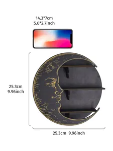 Decorative black crescent moon wooden wall shelf with three tiers and size measurements