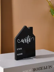 Minimalist black house-shaped WiFi password sign for home or hotel desktop decor