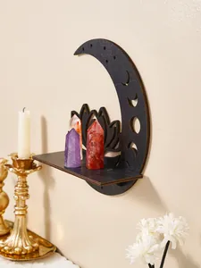 Black wooden moon and lotus wall shelf for crystal display and home decor storage