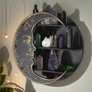 3 Tier Wooden Moon Shelf Gothic Wall Decor Bohemian Crescent Moon Face Display Rack For Crystals Essential Oils Halloween Home Decoration