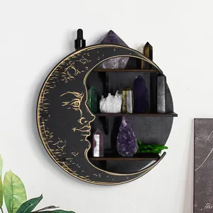 Wooden moon-shaped 3-tier decorative shelf with engraved face for crystal display