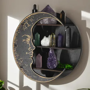 Decorative black wooden crescent moon shelf with 3 tiers for crystal wall display