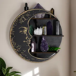 Mystical black crescent moon wooden wall shelf with gold engravings for crystal display