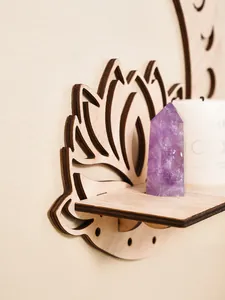 Detailed view of wooden lotus moon wall shelf featuring intricate laser-cut carvings