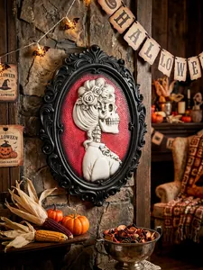 Gotisches Damen-Skelett-Relief-Wandbild in antikem schwarzem Rahmen für Halloween