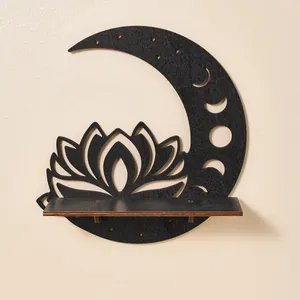 Wooden Lotus Moon Phase Wall Shelf Crystal Stones Display Rack Bohemian Floating Shelf Wall Art Decor Hanging Storage Rack