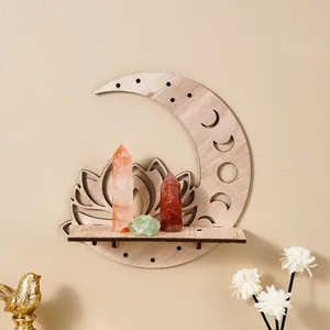 Bohemian wooden lotus moon wall floating shelf for crystal display and home decor