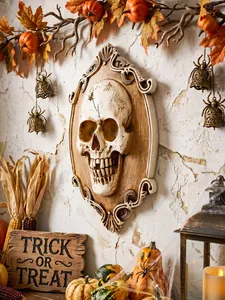 Detailed macro view of 3D skull relief wall decor with vintage carved border in a Halloween scene