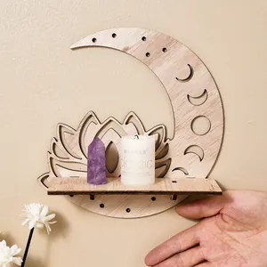 Wooden crescent moon and lotus wall shelf with storage ledge for crystals and candles