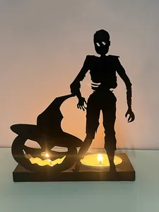 Halloween iron candle holder with zombie and jack-o-lantern silhouette