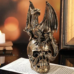 Intricate detail of a vintage bronze dragon perched on a skull with atmospheric lighting