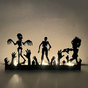 Halloween Iron Hollow Out Candle Holder Black Matt Finish Zombie Pumpkin Design Candlestick Table Ornament Haunted House Party Decoration
