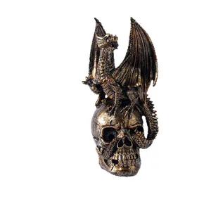 Halloween dragon on skull figurine with vintage bronze finish for gothic home decor