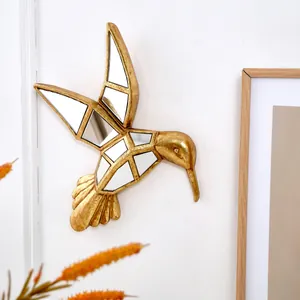 Décoration murale colibri moderne en résine dorée avec incrustations de miroirs