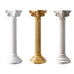 Juego de 3 candelabros de resina de estilo europeo, columnas romanas en blanco y dorado
