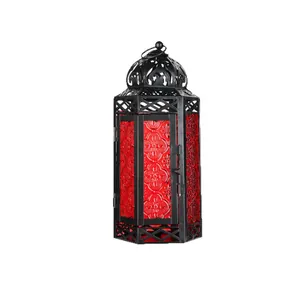 Vintage Marokkaanse ijzeren lantaarn met rood reliëfglas woondecoratie lantaarn