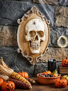 Detailed view of a vintage framed 3D skull wall relief in a Halloween party setting.