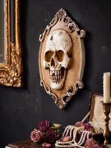 Detailed view of American vintage carved frame skull 3D relief wall art decoration