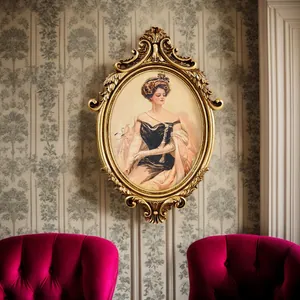 French vintage gold carved oval photo frame featuring a classic noble lady portrait