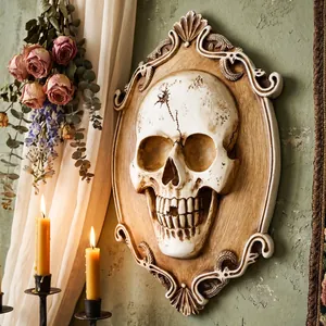 Vintage American carved frame skull 3D relief wall plaque decor for gothic Halloween scene