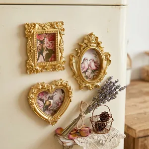 Set of vintage gold ornate magnetic photo frames for refrigerator with floral bird prints