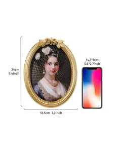 Vintage golden resin oval photo frame with detailed size comparison and measurements