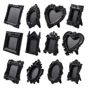 Juego de 12 mini marcos de fotos negros vintage con tallas barrocas para decoración DIY
