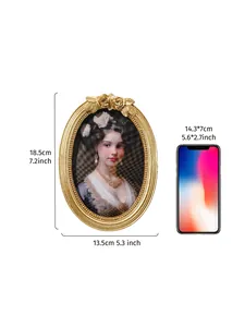 Vintage European style oval gold resin photo frame size chart with smartphone comparison