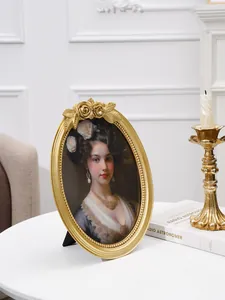 Elegant vintage European style oval gold resin photo frame with floral rose detailing