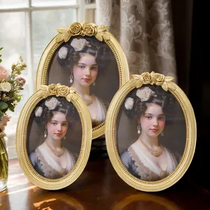 European Vintage Gold Resin Photo Frame Oval Rose Floral Relief Tabletop Decorative Picture Frame For Living Room Home Decor