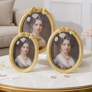 Elegant set of 3 vintage gold resin oval photo frames with exquisite rose floral carved details